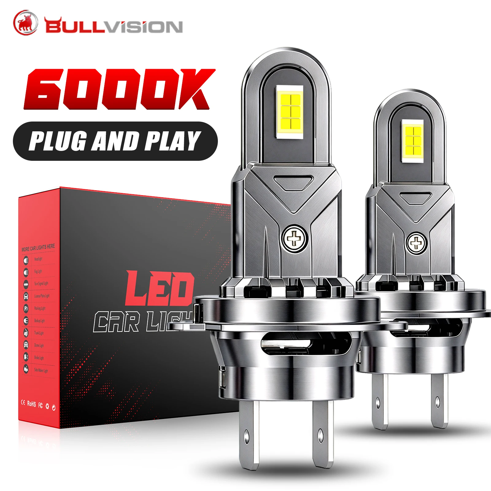 Bullvision 2x H4 H7 LED Headlights Canbus H8 H9 H11 Light Bulbs 6000K CSP Super Bright Copper Tubes Car Lights Headlamp with Fan