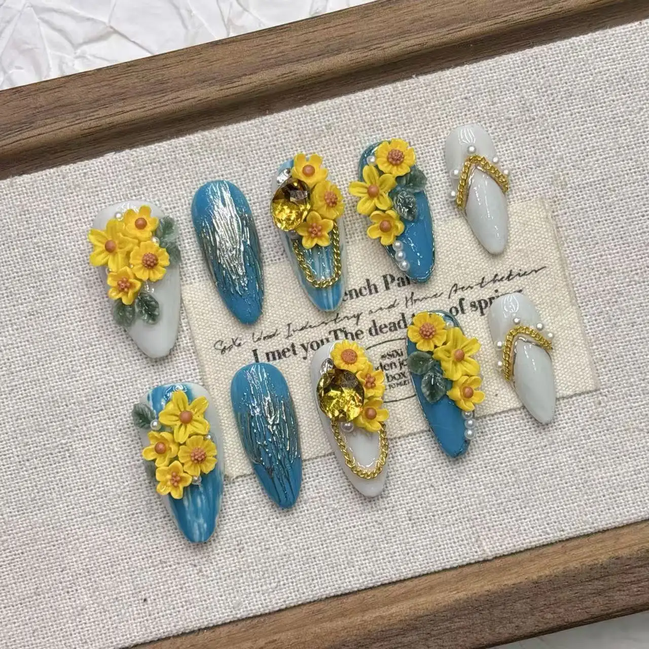 3D Yellow Floral Press On Nails With Rhinestones Chains Pearls Multiple Sizes  Blue White 3D Yellow Flowers Rhinestones Design