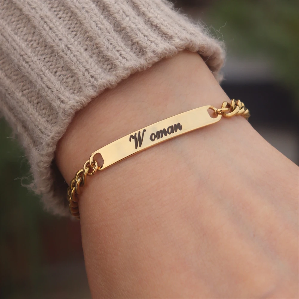 Custom Engraved Name Bracelet for Women Stainless Steel ID Bracelet Personalized Jewelry Cuban Chain Pulseras de Mujer