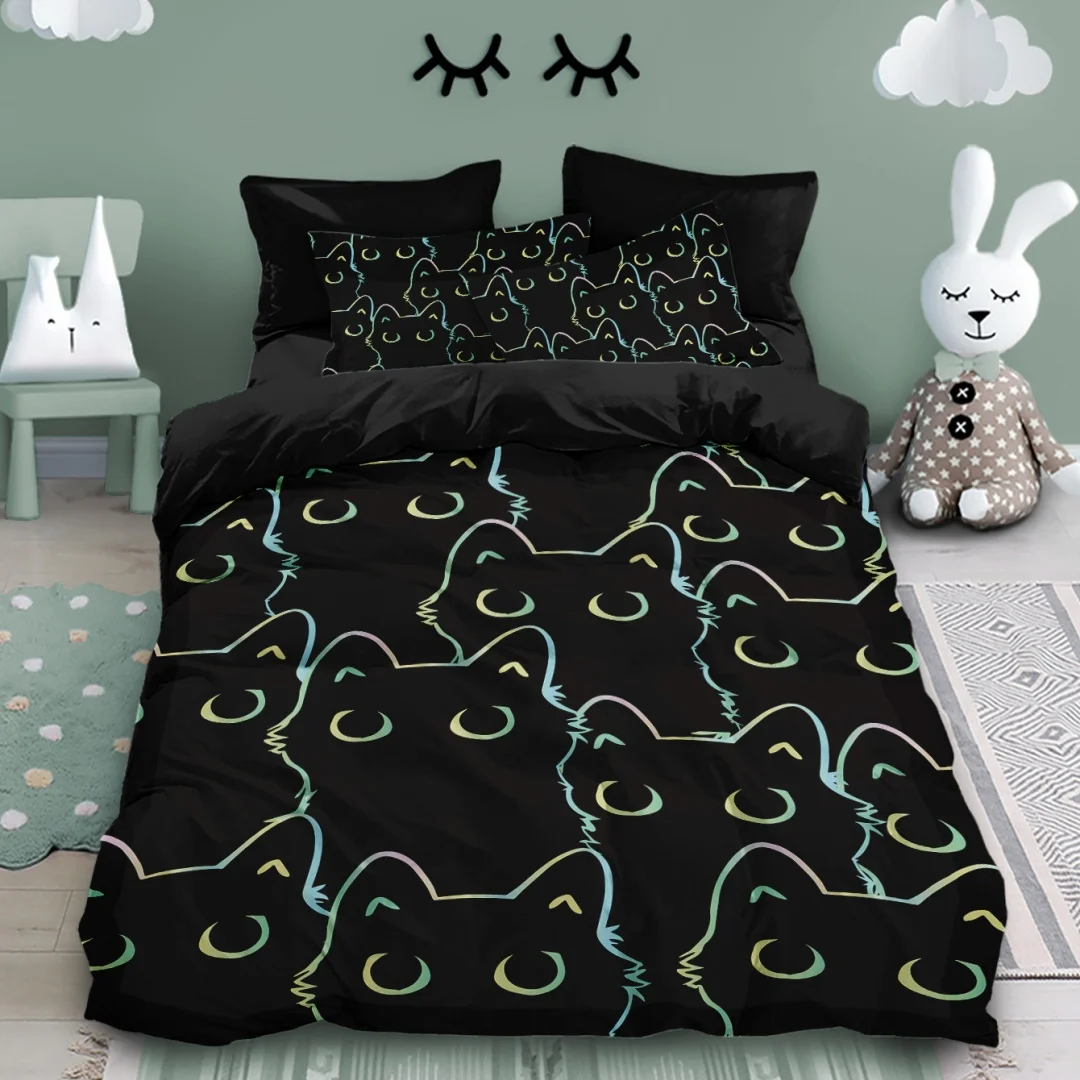 Niedliches Katzen-Bettwäsche-Set, 3D-gedrucktes Bettbezug-Set, hautfreundliches Cartoon-Bettwäsche-Set, Einzelbett, Doppelgröße, Schlafzimmer-Dekoration für Kinder – Detail 3