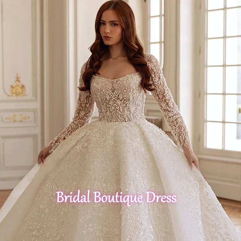 Personalizado luxo querida renda trem vestido de baile vestidos de casamento fora do ombro apliques manga longa vestido de noiva novi