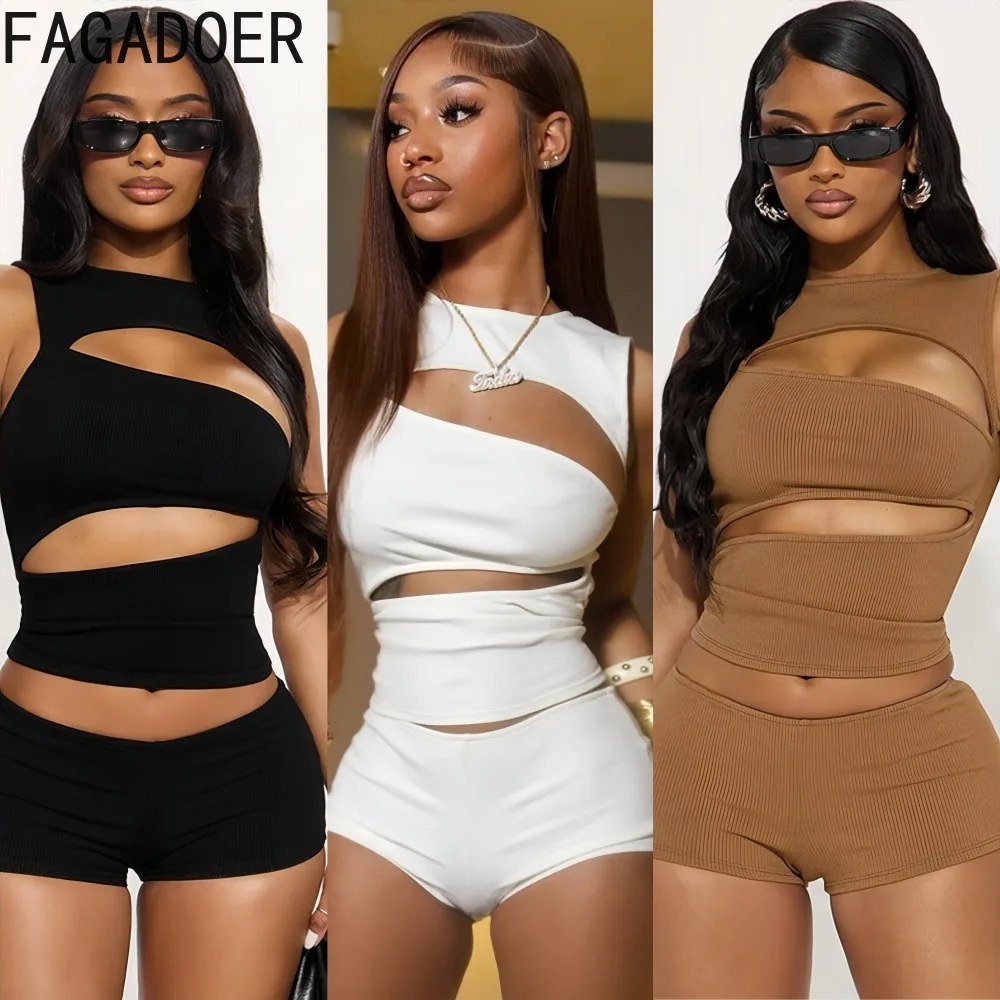

FAGADOER Sexy Hollow-out Patchwork 2 Piece Sets Woman Outfit Solid Color Sleeveless Crop Top + Shorts Female Streetwear Clothing