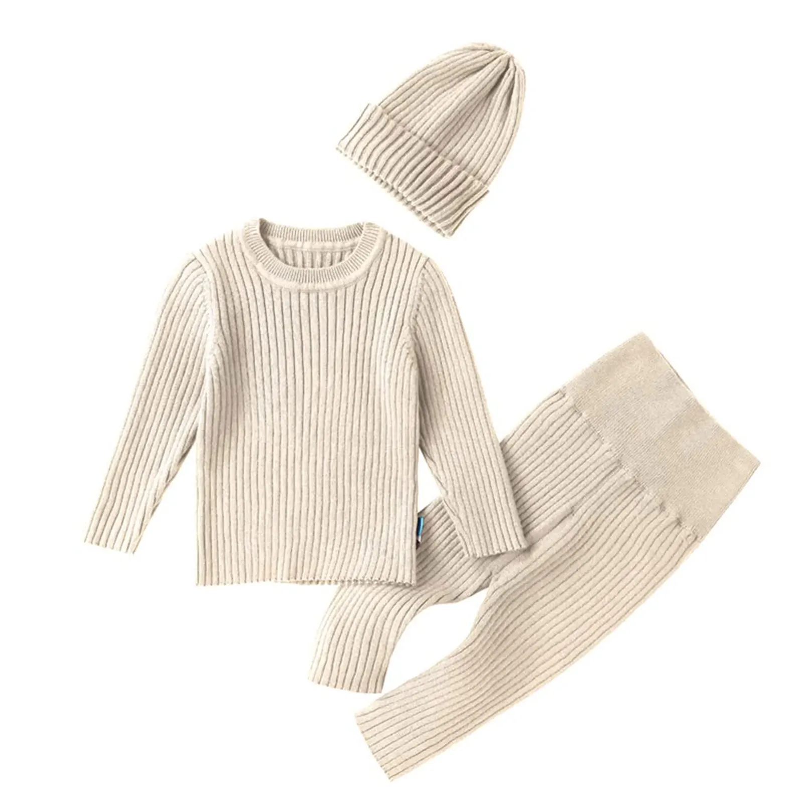 Newborn Baby Boys Girls Sweater Set Autumn Winter Ribbed Elastic Knit Clothes Outfits Solid Tops High Waist Pants Beanie Hat