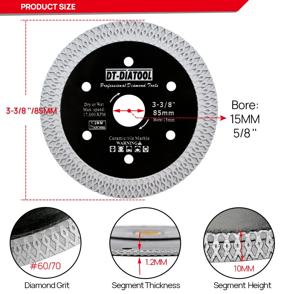 Imagem -02 - Dt-diatool 85 mm Borda Diamante Turbo Corte Disco Lâmina de Serra Moedor Malha Roda Porcelana Telha Cerâmica Mármore Seco Molhado Ângulo Moedor