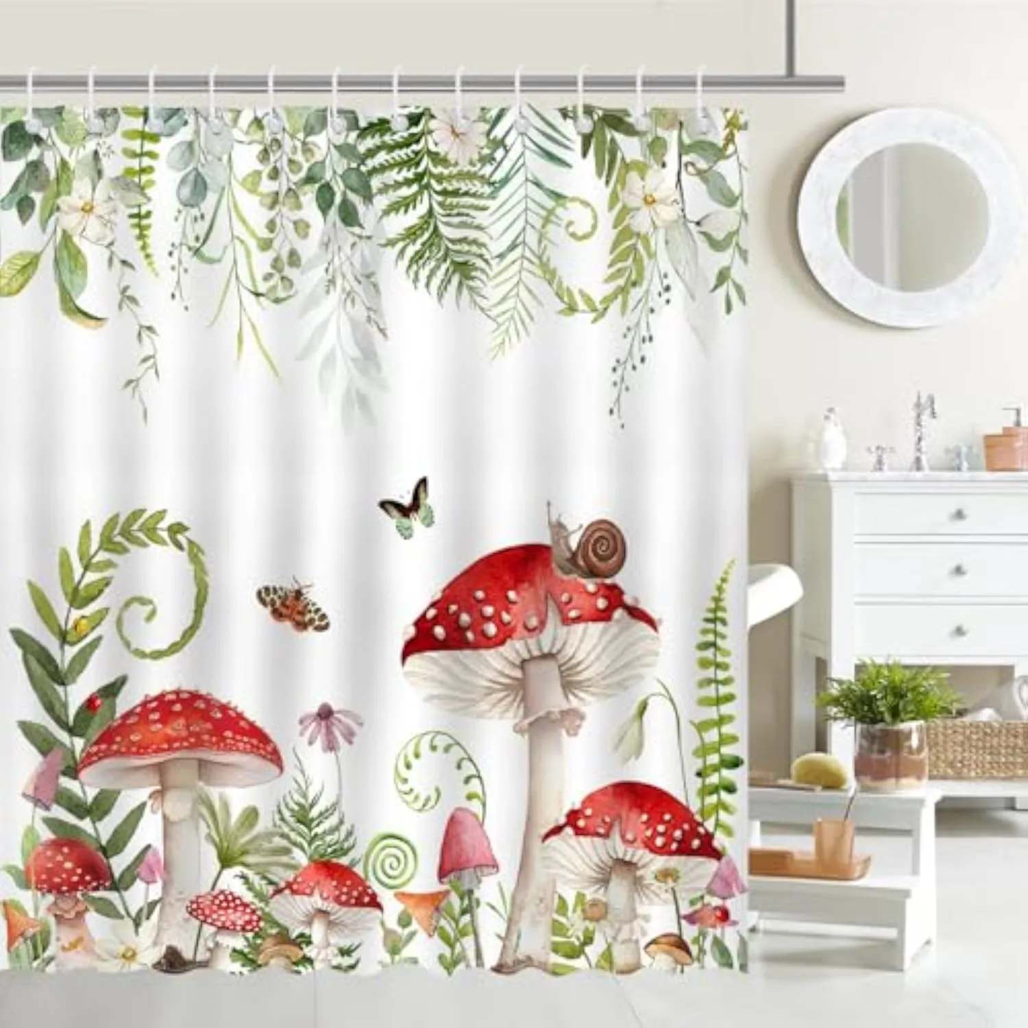 Mushroom Shower Curtain Retro Mushroom Green Plant Bathroom Shower Curtain Mushroom Botanical Aesthetic Shower Curtain