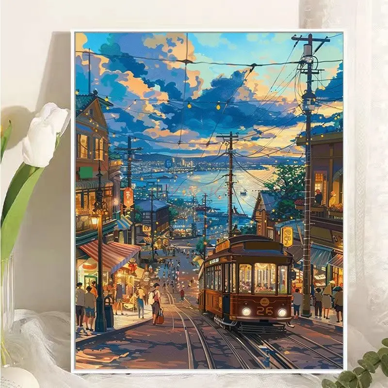 1 مجموعة 2025 نمط جديد المدينة الريفية اليدوية DIY ملء اللون غرفة نوم شفاء الديكور النفط اللوحة