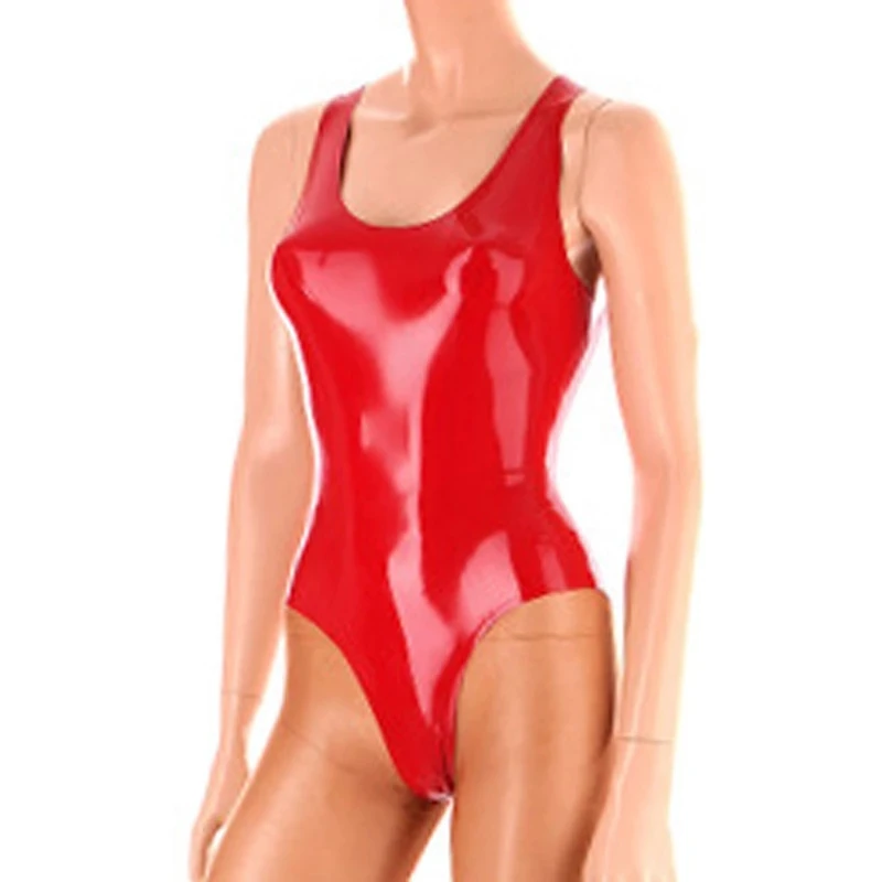 

Red Sexy Sleeveless Latex Swimsuit High Cut Leg Open Back Holes Round Collar Body Suit Catsuit Rubber Bodysuit