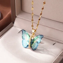 Gorgeous Colorful Butterfly Zircon Copper Pendant Women Fashion Elegant Decorative Stainless Steel Chain Anniversary Gift