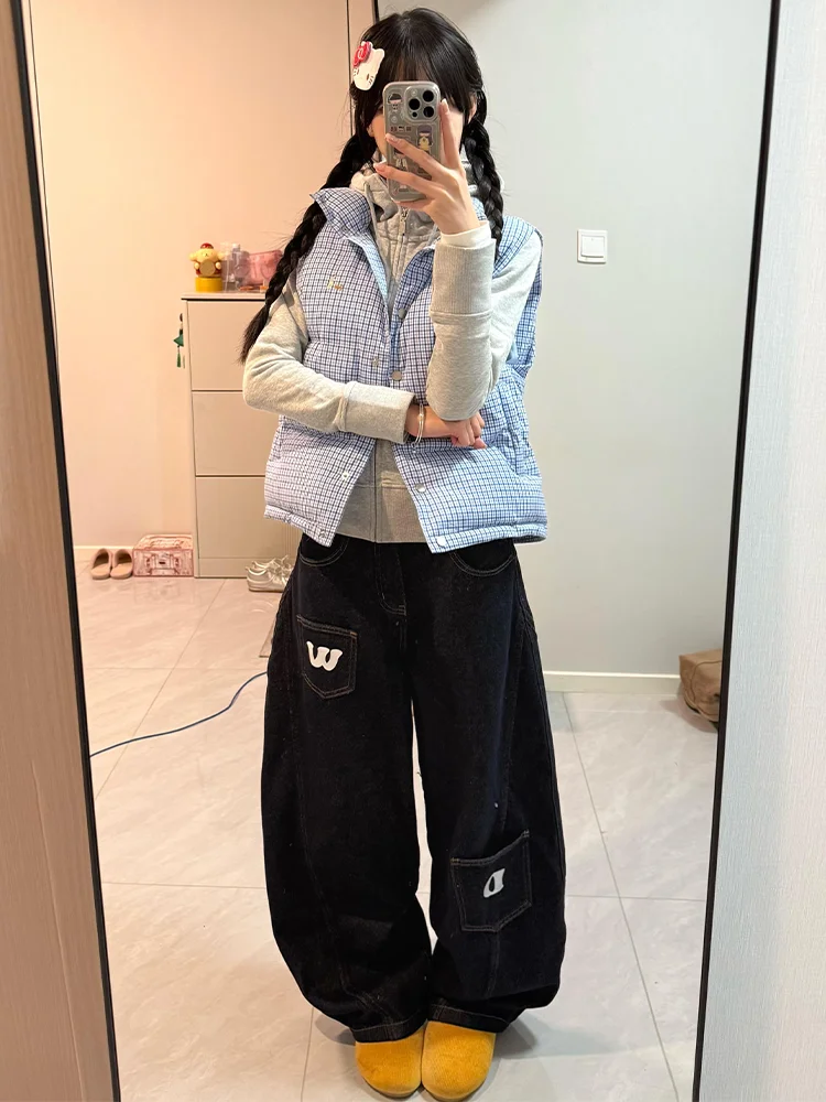 

Джинсы женские в американском стиле, больших размеров, с широкими штанинами, в стиле ретро, с множеством карманов, свободного кроя, осенне-зимние, визуально стройнящие