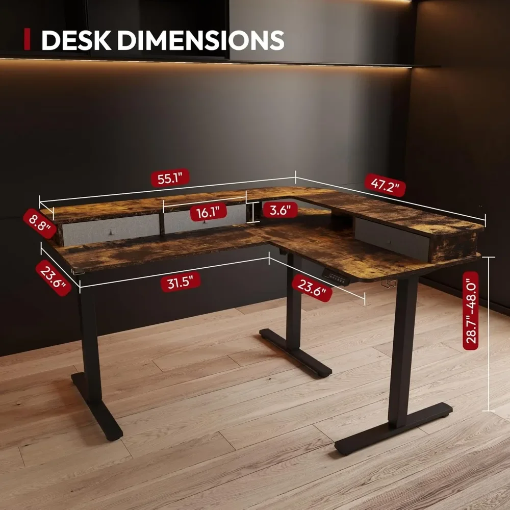 3 Drawers, Height Adjustable Stand up Desk, Corner Gaming Desks with Monitor Stand, Black Frvame/ Computer Desks