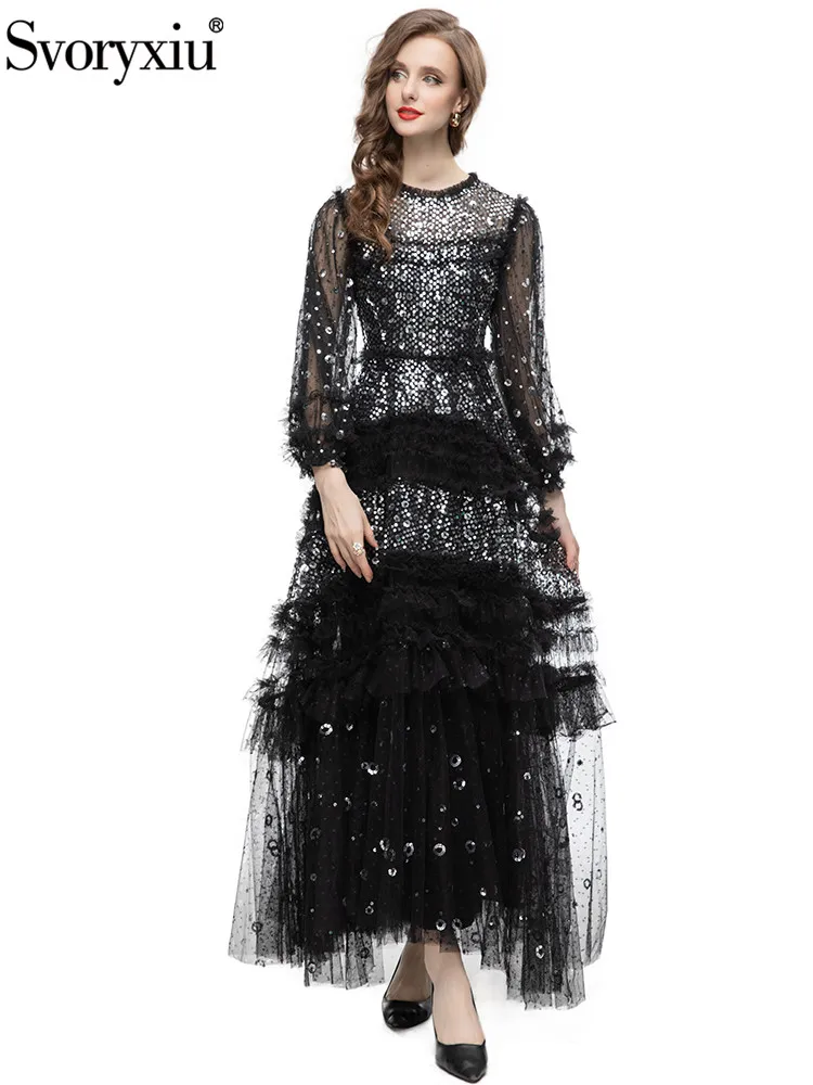 

Svoryxiu Fashion Spring Vintage Black Color Gauze Ankle-Length Dress Women's Lantern Sleeve Ruffles Sequin High Waist Dress