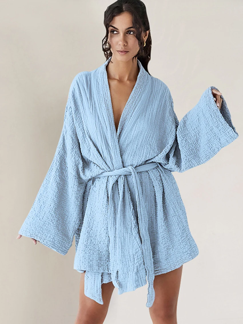 

Marthaqiqi Casual Women Sleepwear Long Sleeve Pajamas Sexy V-Neck Nightwear Lace Up Nightie Loose Mini Dress Ladies Home Clothes
