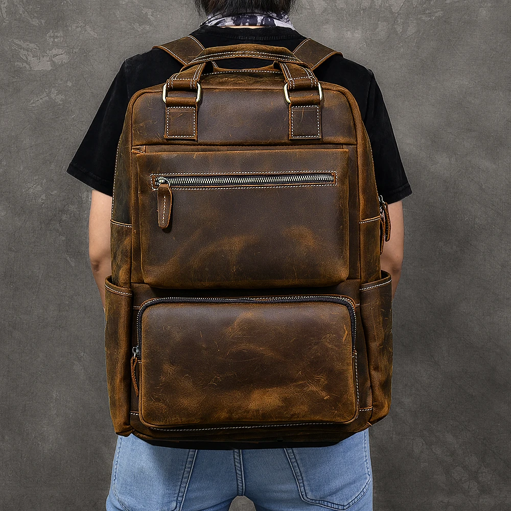 Large Capacity Men Backpack Genuine Leather Vintage Daypack Travel Casual School Book Bags Brand Male Laptop Bags Rucksack