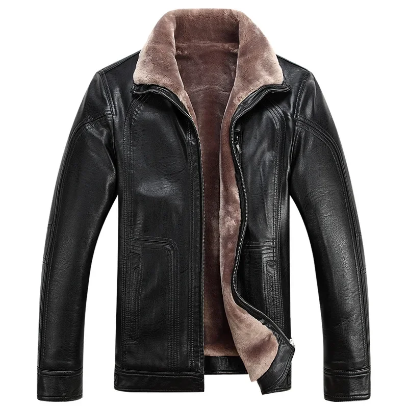 Winter Men's Fur Integrated Fleece Thickened Leather Coat Stand-up Collar Black Mixed Wool Liner Leather Jacket Men High Quality