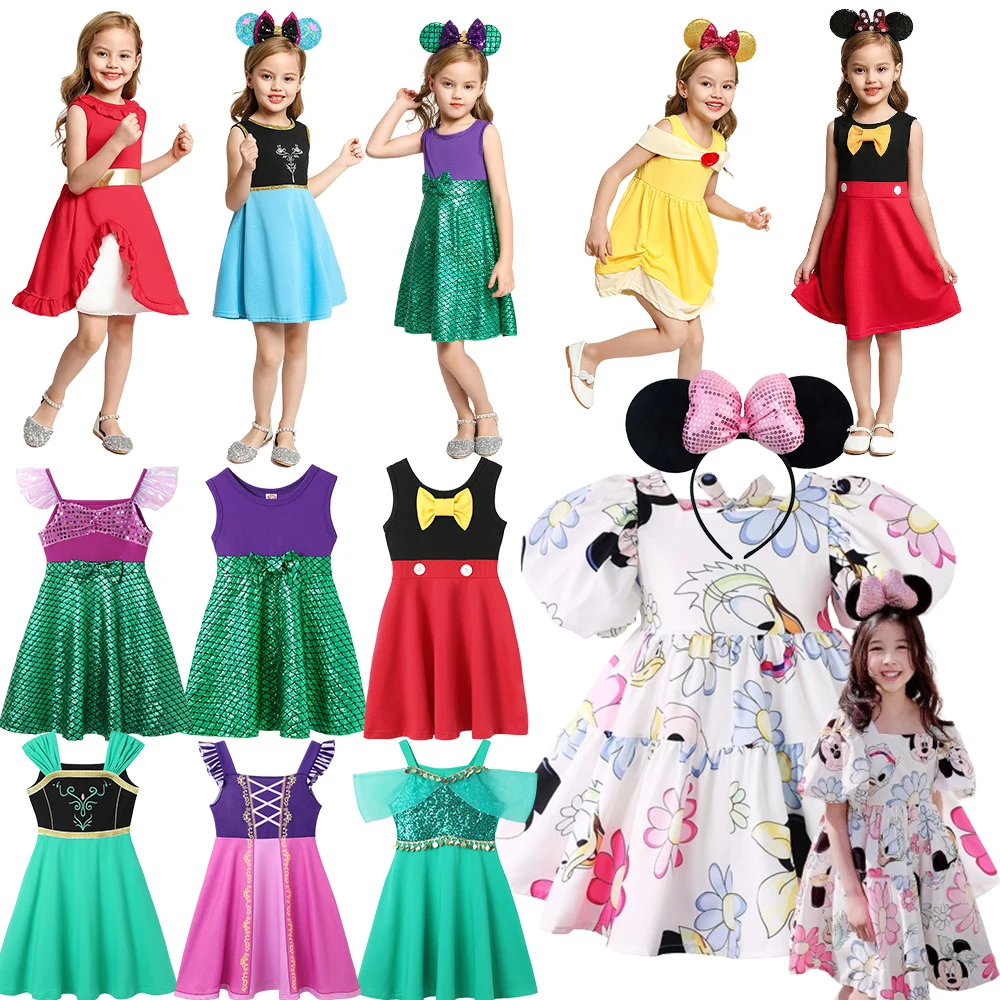 

Mickey Mouse Cotton Girls Rapunzel Mermaid Dress Elsa Cinderella Snow White Princess Cosplay Dresses Summer Holiday Dress 2024