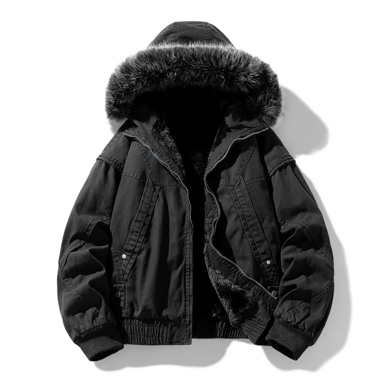 KIDWHXR Man Cargo Jacket Winter Thicken Fleece Cold-proof Men Hooded Outerwear Retro Long Sleeve Male Outdoor Casual Coat