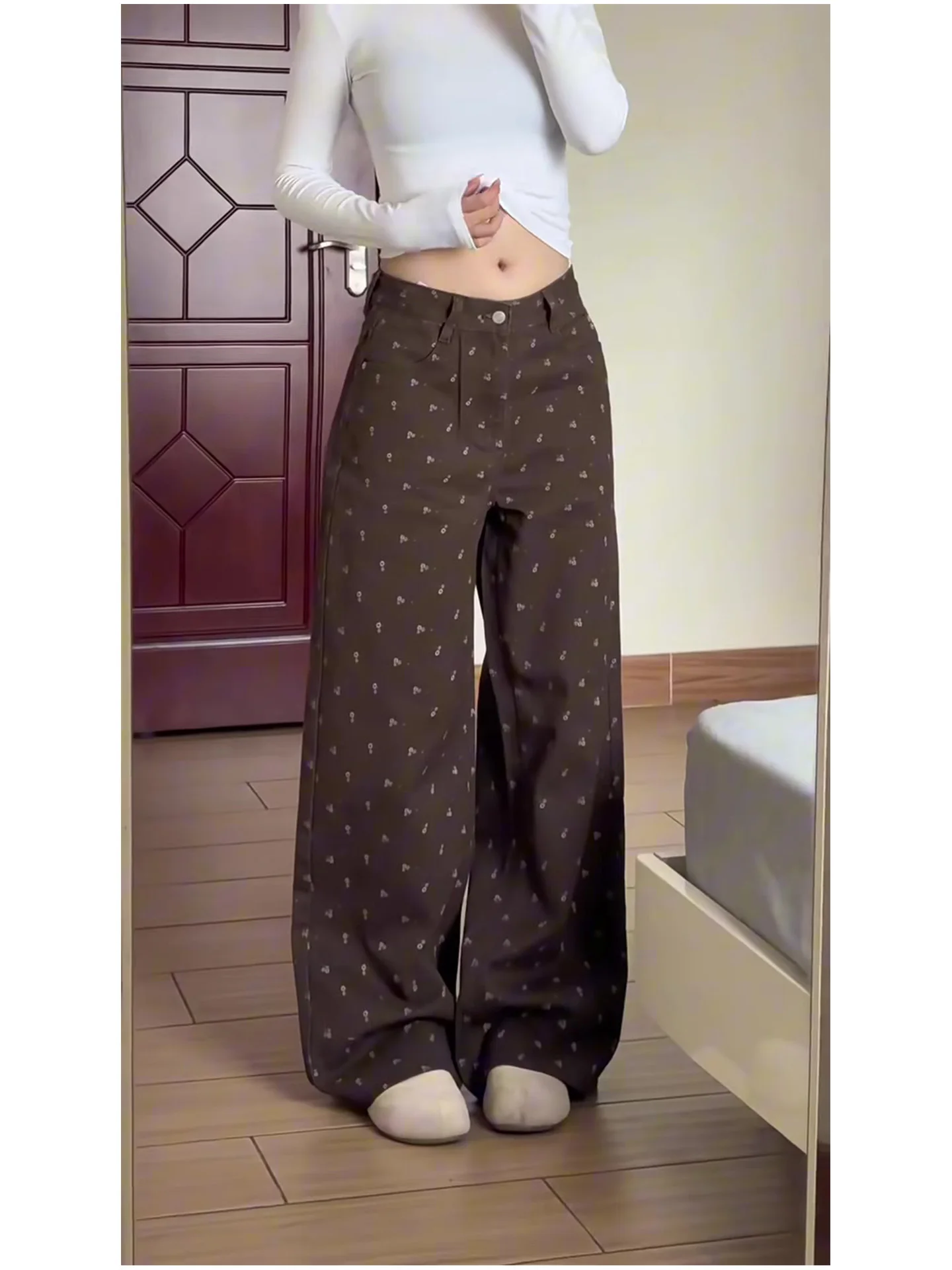 High Waist Floral Print a Brown Denim Jeans Women's Winter New High Street Slimming Long Leggings American Sle Waed