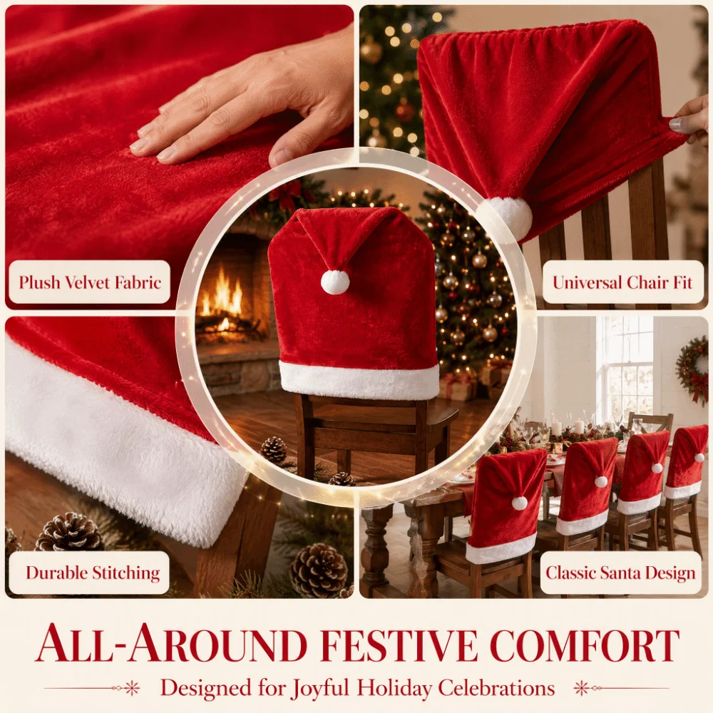 Cartoon Christmas Chair Covers Comfortable Removable Red Chair Back Cover Santa Hat Washable Plush Stool Covers Holiday Party