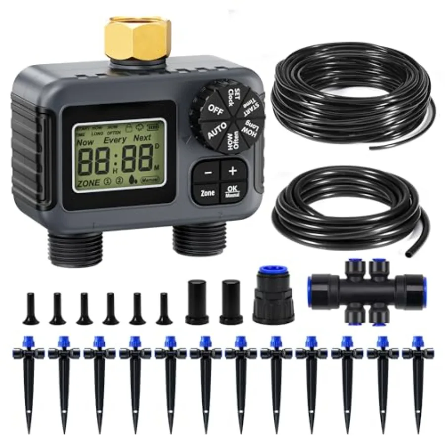 

Комплект для капельного полива HIRALIY 50 футов с таймером для сада - Автоматическая система полива для 2 зон, для приподнятых грядок, быстрое подключение D