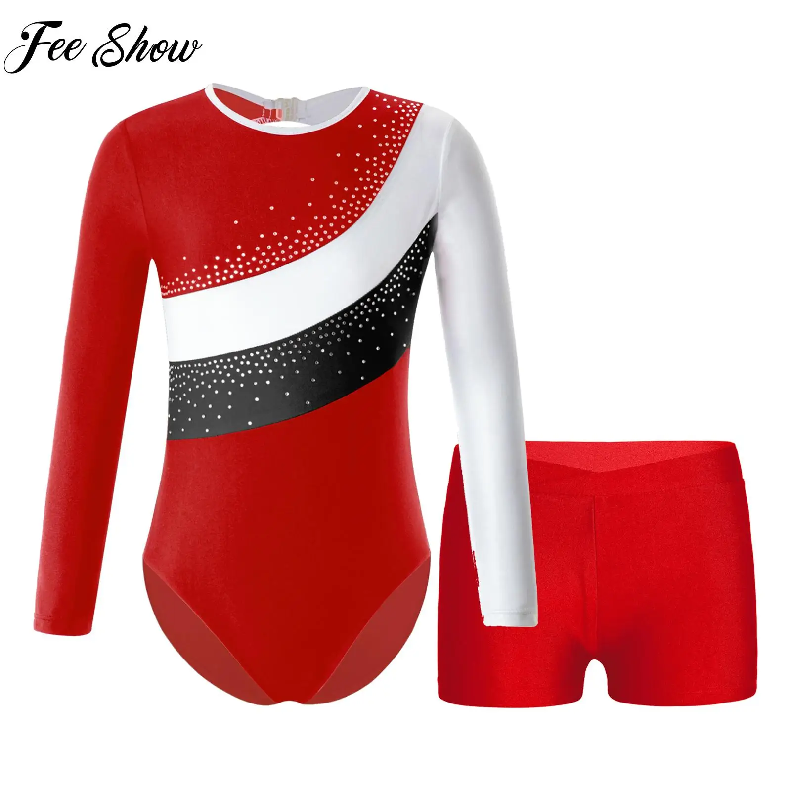 

Kids Girls Shiny Rhinestones Cutout Back Contrast Color Leotard with Waistband Shorts for Skating Dance Gymnastics Workout