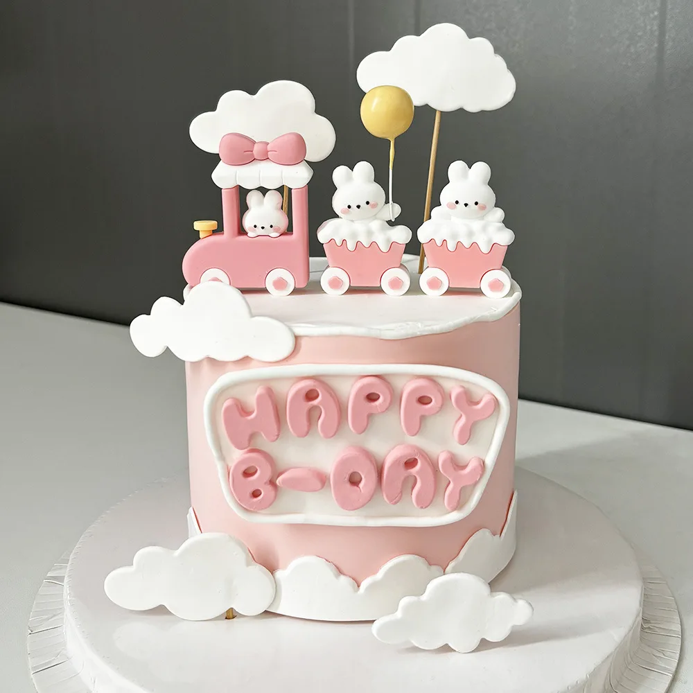 Prinzessinnen-Mädchen-Thema, niedlicher Hasen-Zug-Kuchenaufsatz, rosa Hase für Kinder, 1. Geburtstag, Babyparty, Kuchendekorations-Set – Detail 1