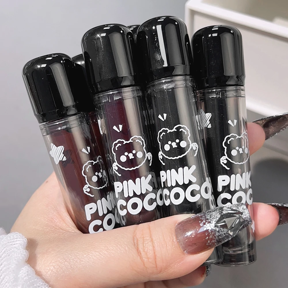 Cute Bear Red Lipgloss Black Mirror Glass Water Light Clear Lip Glaze Wodoodporna, nieprzywierająca pomadka w płynie Nude Lips Tint Makeup