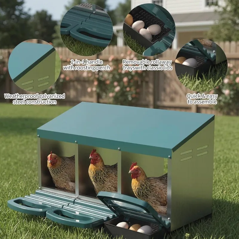 Galvanized 3 Nest Egg Laying Box Hanging Wall Mount for Chicken Coop Poultry Cage Nesting