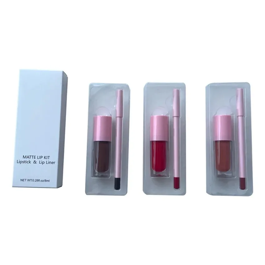 Custom 18 Colors Pink Tube Matte Waterproof Lipgloss& Lipliner Set Long Lasting Easy To War Lip Beauty Set Private Label