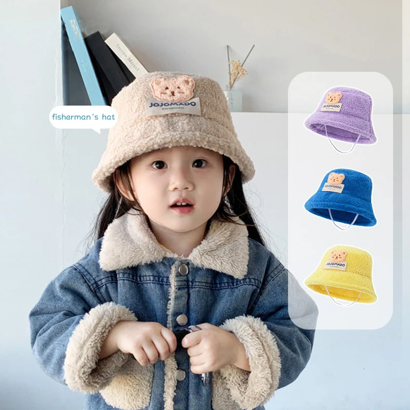 

Cute Bear Children Basin Hat Winter Baby Plush Fisherman Cap 2-10year Kids Thicken Lamb Fleece Windproof Warm Bucket Hats Visors