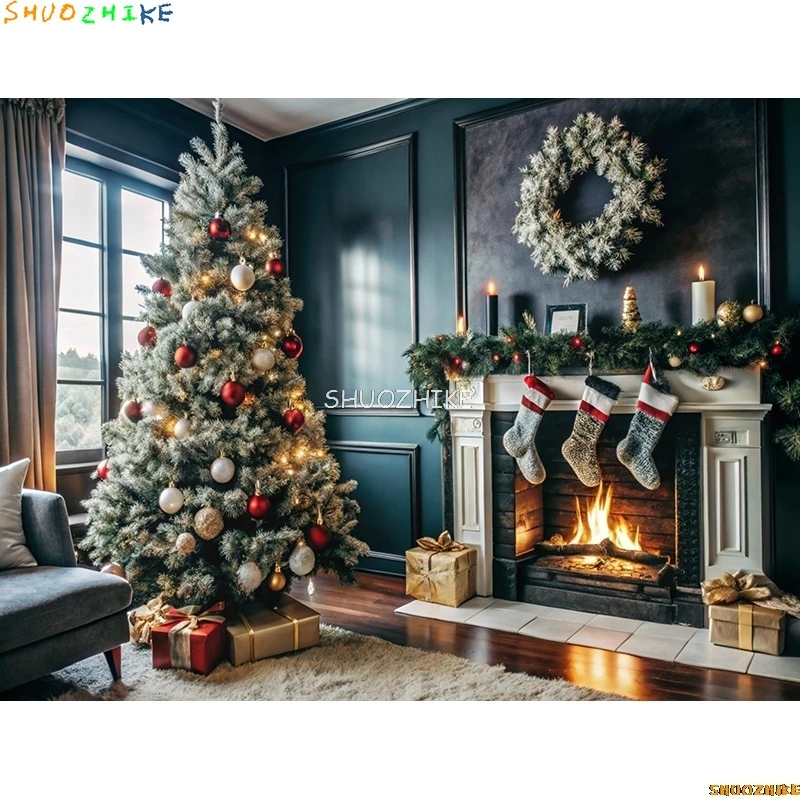 Nieuwjaar Kerstdag Digitale Fotografie Achtergrond Prop Open haard Winter Woonkamer Cadeau Vakantie Fotostudio Achtergrond RS-22