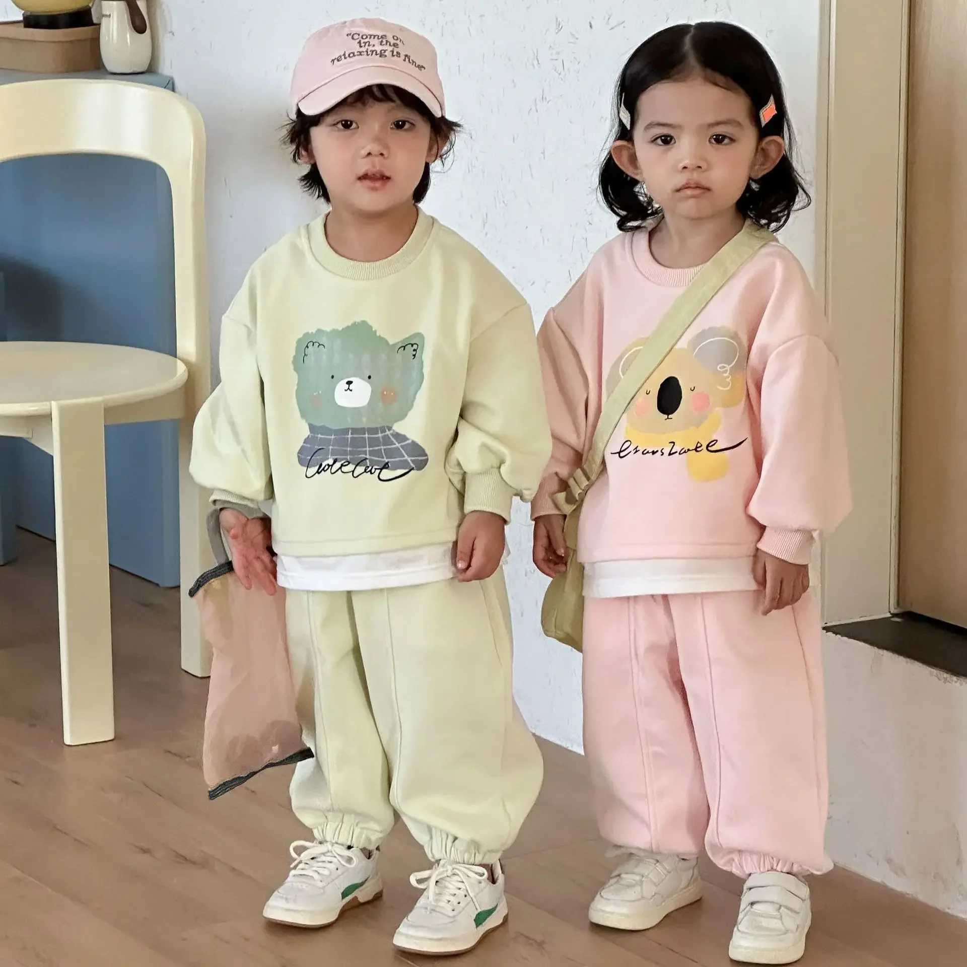 

2Pcs Crew Neck Sweatshirt and Cuffed Pants Spring 1-8Y Girls Boys Sets Children Faux Cartoon Print Soft Toddler Kids Daily Wear