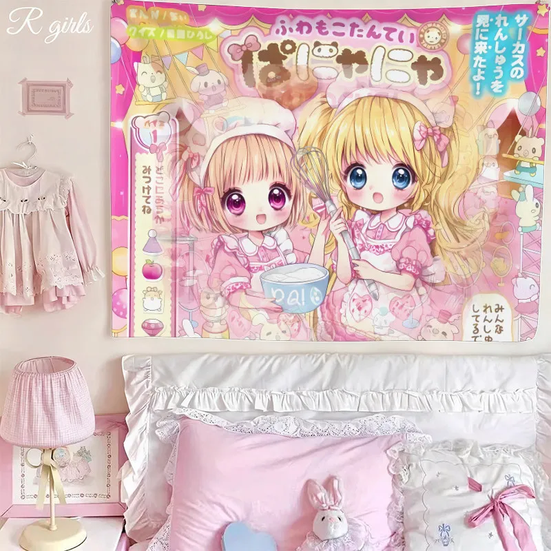 VIKAMA Kawaii Circus Anime Girl Tapestry Pink Background with Cute Characters Wall Hanging for Girls Bedroom Decor