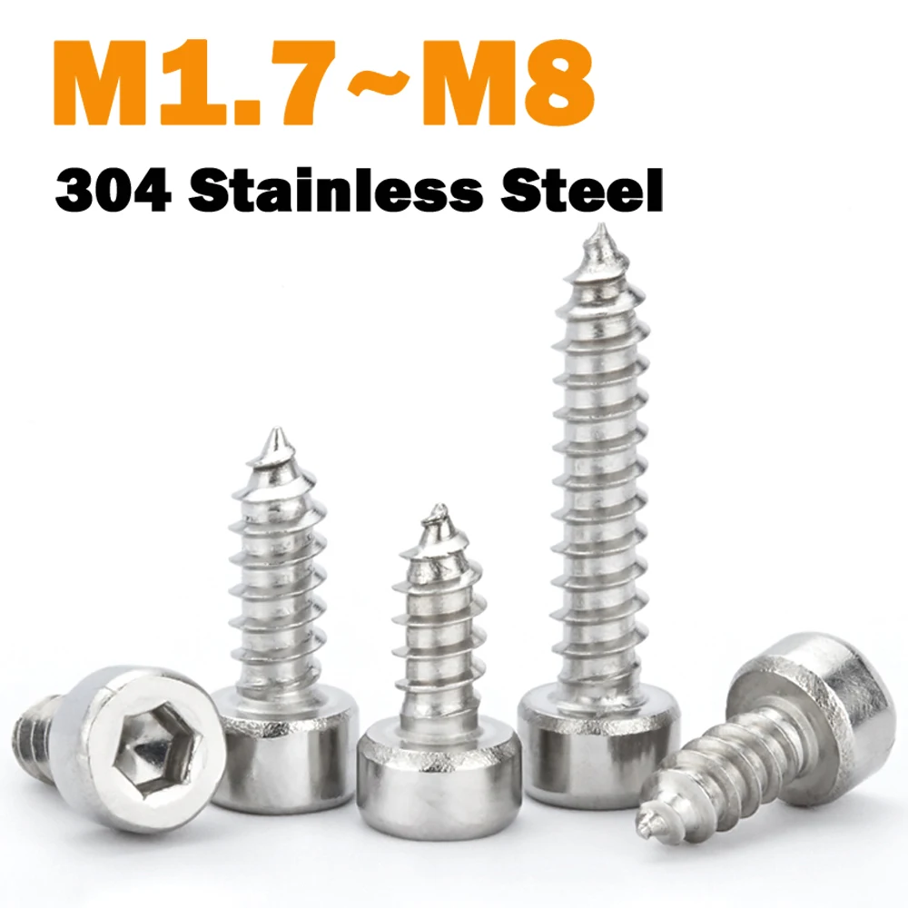 Hex Socket Cap Head Screw M1.7 M2 M2.3 M2.5 M2.6 M3 M3.5 M4 M5 M6 M8 304 Stainless Steel Hexagon Socket Tapping Screw