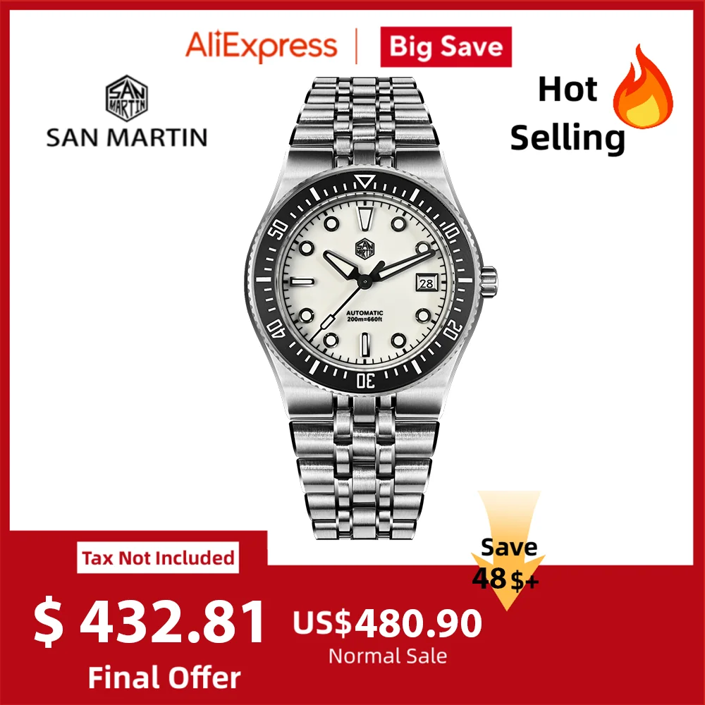 San Martin New 40mm Miyota 9015 Black Men Sports Diver Mechanical Wristwatch BGW-1 Integrated Bracelet Waterproof 200m SN0148GB