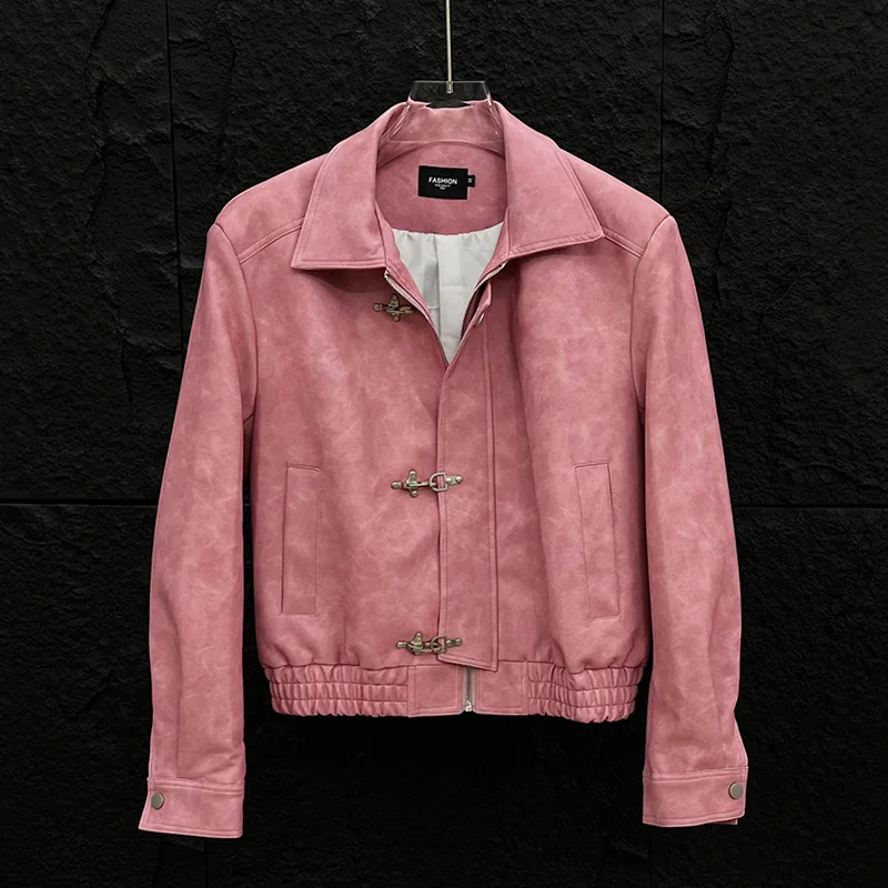 American High Street Men's Pu Leather Jacket Autumn/Winter Casual Fashion Solid Color Lapel Button Design Windproof Coat