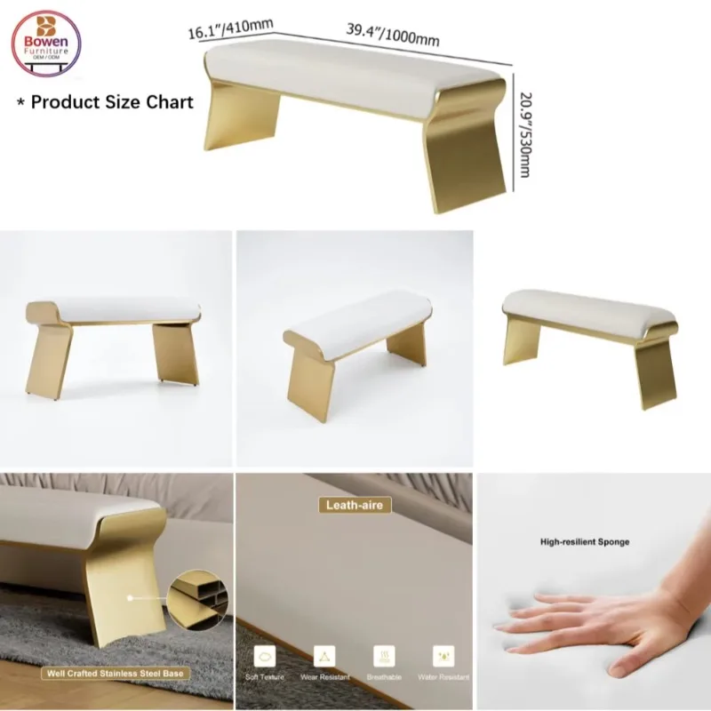 Modern Glam White PU Leather Upholstered Bench Brushed Gold Stainless Steel Leg Art Deco-Inspired Accent Hotel Entry Villa