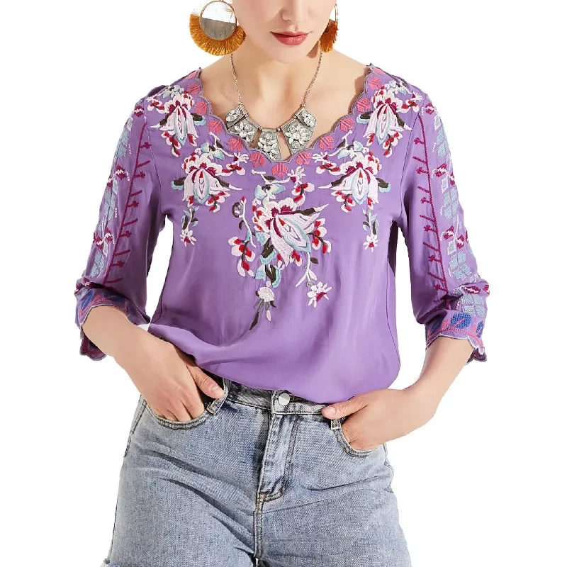 Teelynn Boho Bluse Hemden Frauen V-Ausschnitt lose lässige Baumwolle Blumen stickerei Herbst Vintage Camisas Mujer Boho Damen Tops