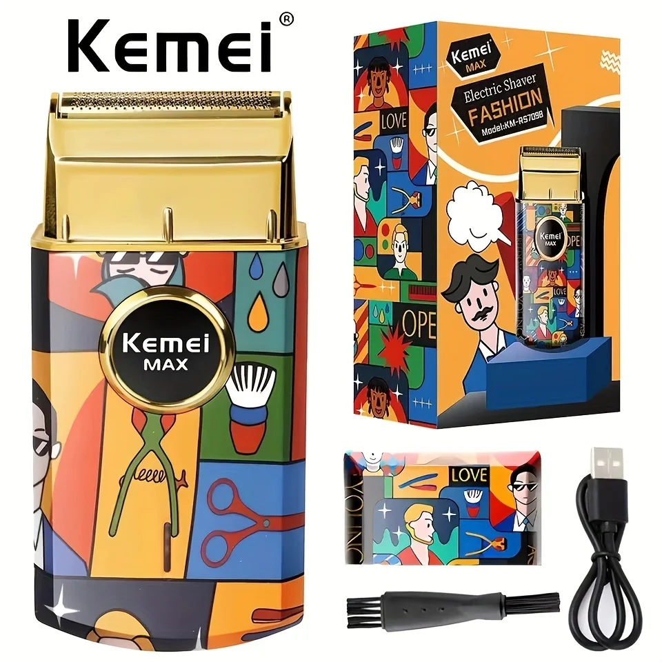 

KM-RS7098 Модная мужская портативная мини-электробритва с плавающей бритвой и сеткой для граффити, настраиваемая машина для удаления волос