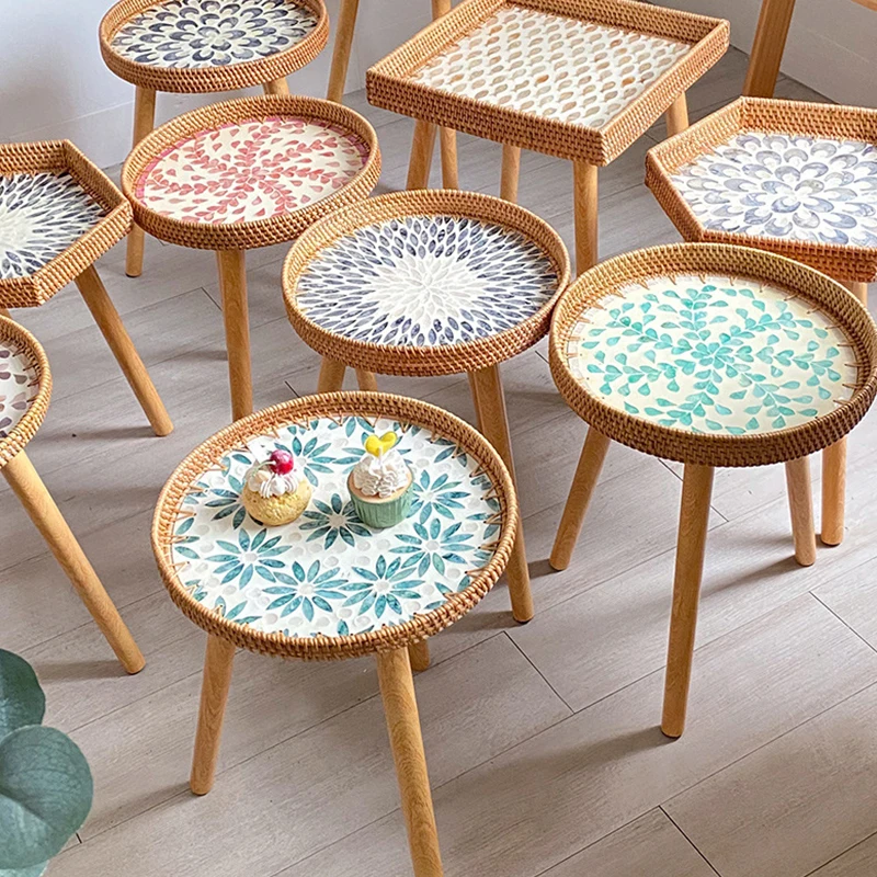 Modern Hand-woven Rattan Coffee Table Detachable Living Room Decor Table Multicolor Shell Side Table Home Furniture Decoration