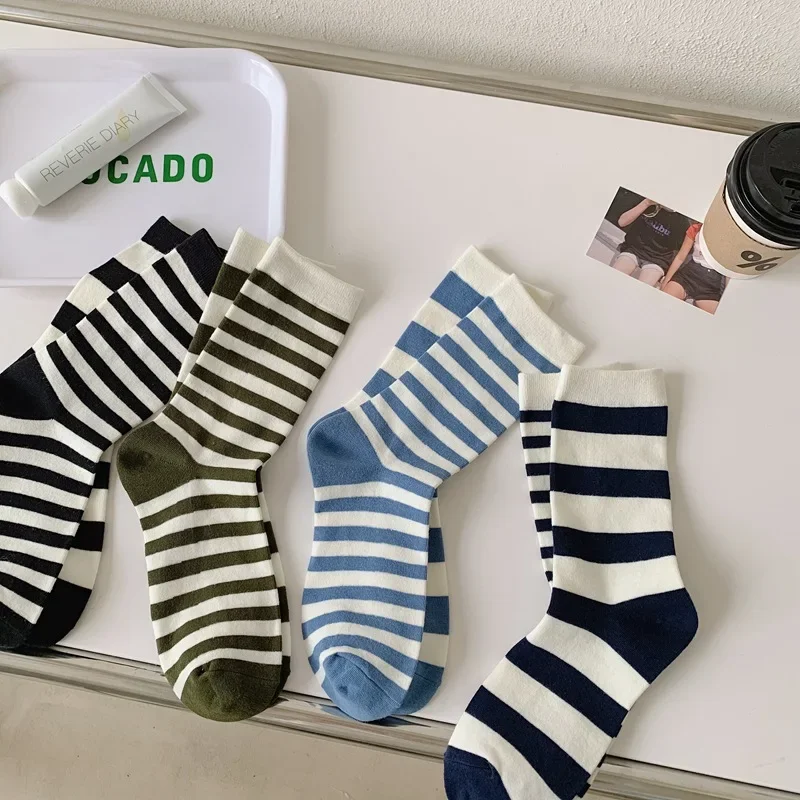 Ins Combed Cotton Women's Long Socks Harajuku Japanese Korean Striped Socks Autumn Winter Fashion Casual Girls AB Socks High