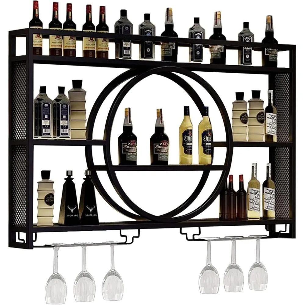 Modern Wine Storage Rack Wall Mounted With LED Light With Wine Glass Holder,Iron Bar Liquor Shelf,Floating Wall Wine Shelves