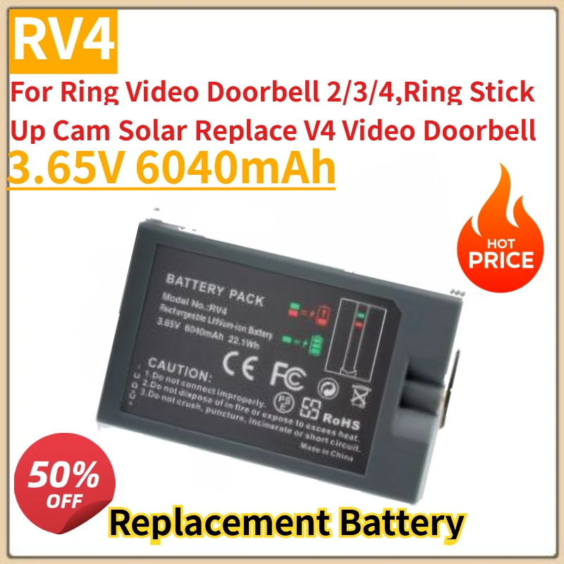 

New 3.65V 6040mAh Ring Doorbell Battery RV4 For Ring Video Doorbell 2/3/4,Ring Stick Up Cam Solar Replace V4 Video Doorbell