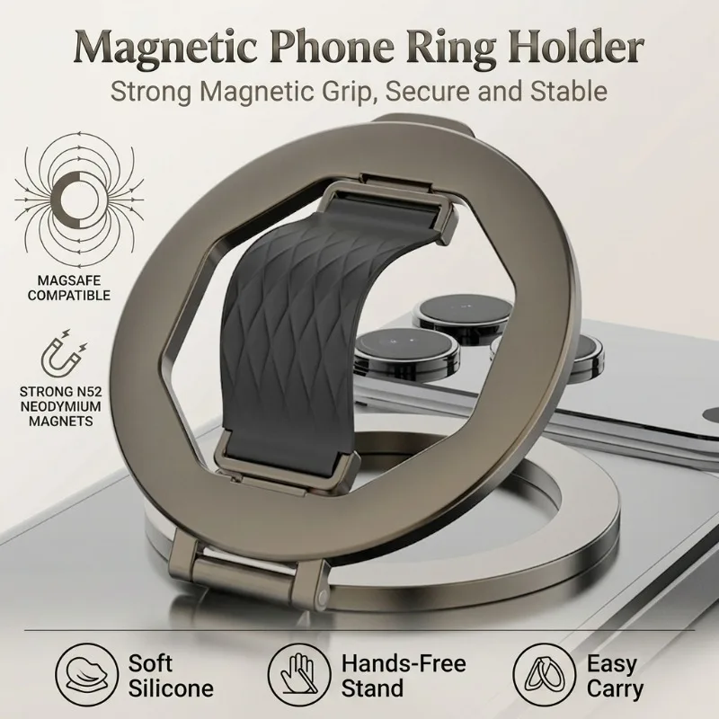 Magnetic Foldable Phone Stand for MagSafe, Desktop Ring Holder & Adjustable Grip for iPhone Samsung , Portable Cellphone Bracket