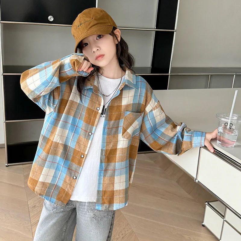 Teens Girls Blouse Spring/Autumn Long Sleeve Plaid Shirts for Kids Casual Versatile Fashion Children Tops Clothes 10 12 13 Years