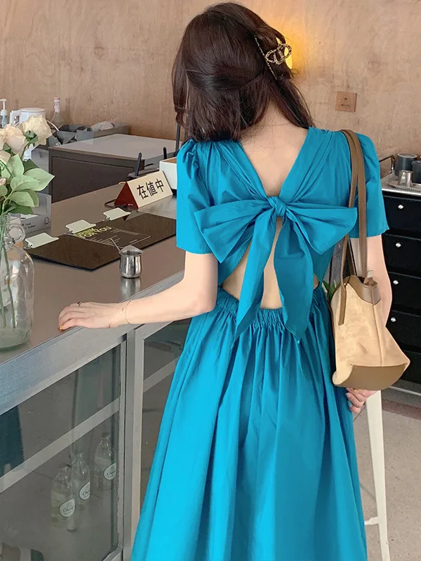 

2024 Summer New Style Korean Edition Bubble Sleeve Back Hollow out Bow Pure Desire Short sleeved Dress Trend Leisure TNRG