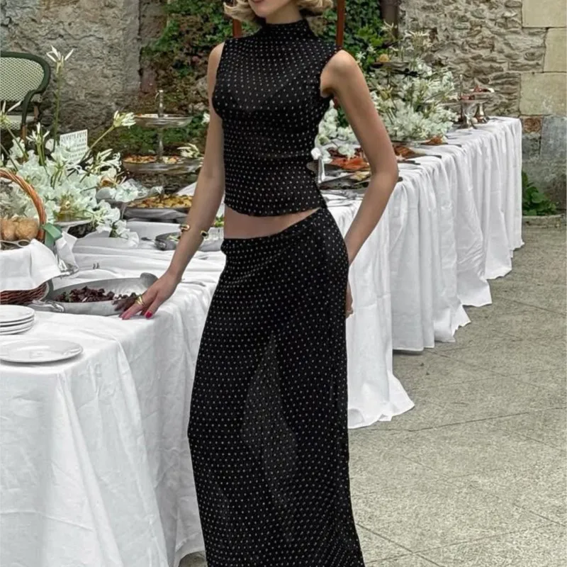 Stile semplice Nuovo in set coordinati Set vintage da 2 pezzi per donna Completi a due pezzi Temperamento francese Slim a pois senza maniche