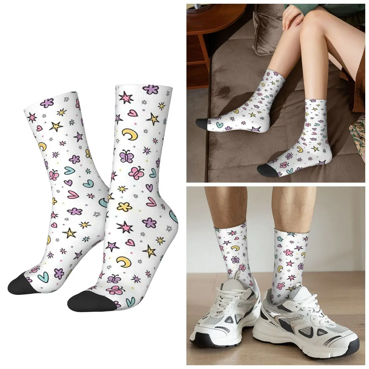 

All Seasons Cartoon Star Moon And Butterfly Pattern Socks Harajuku Sport Middle Tube Socks Funny Stockings for Men Women Gifts