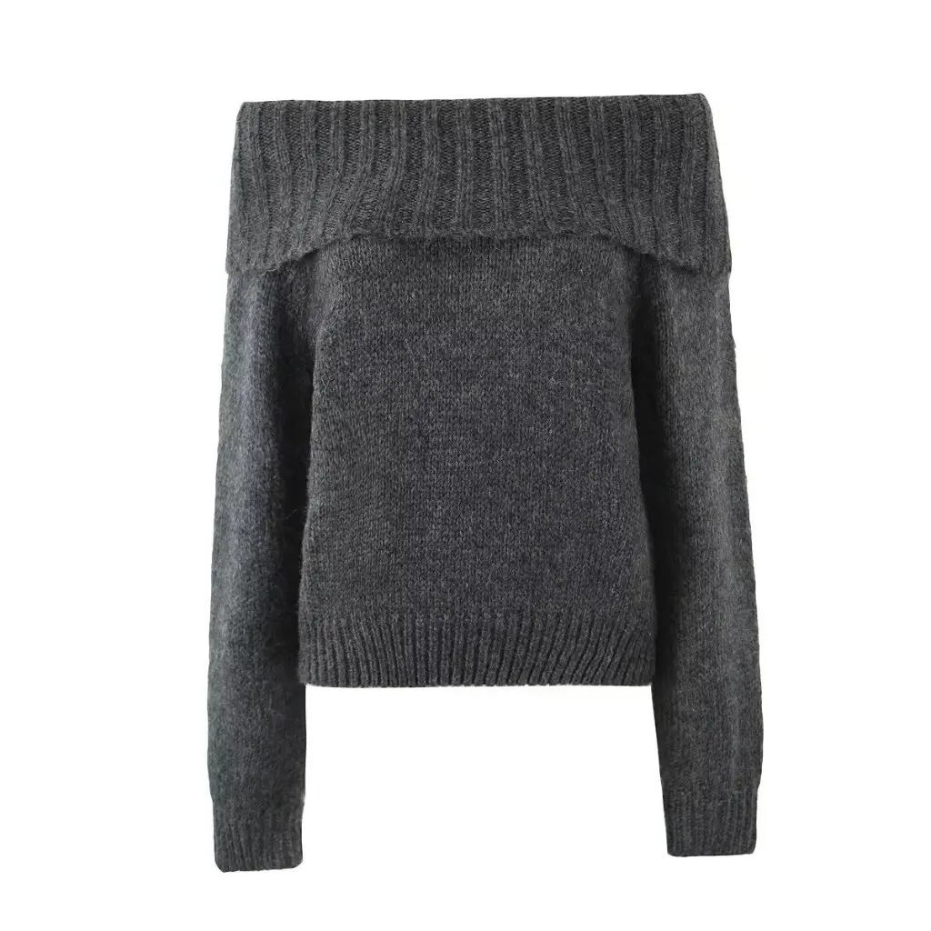 

Women's Grey Long-Sleeved Pullover Sweater One-line Collar French High-End Style Autumn Fashion by Spice Girls