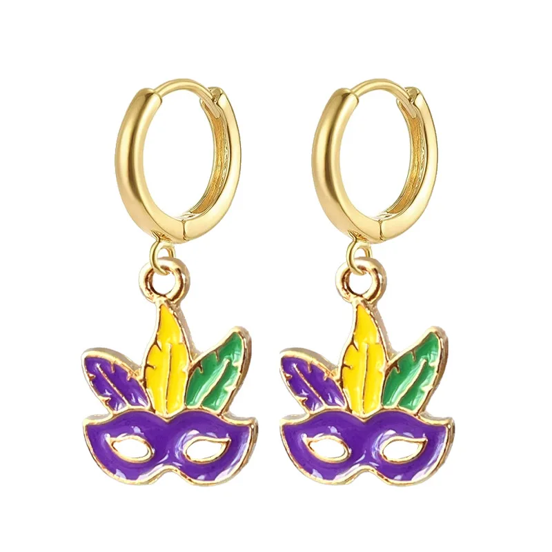 Green Purple Gold Enamelled Mardi Gras Earrings Set - 10pair/Set - Crown Mask Fleur De Lis Earrings for Fat Tuesday Celebration