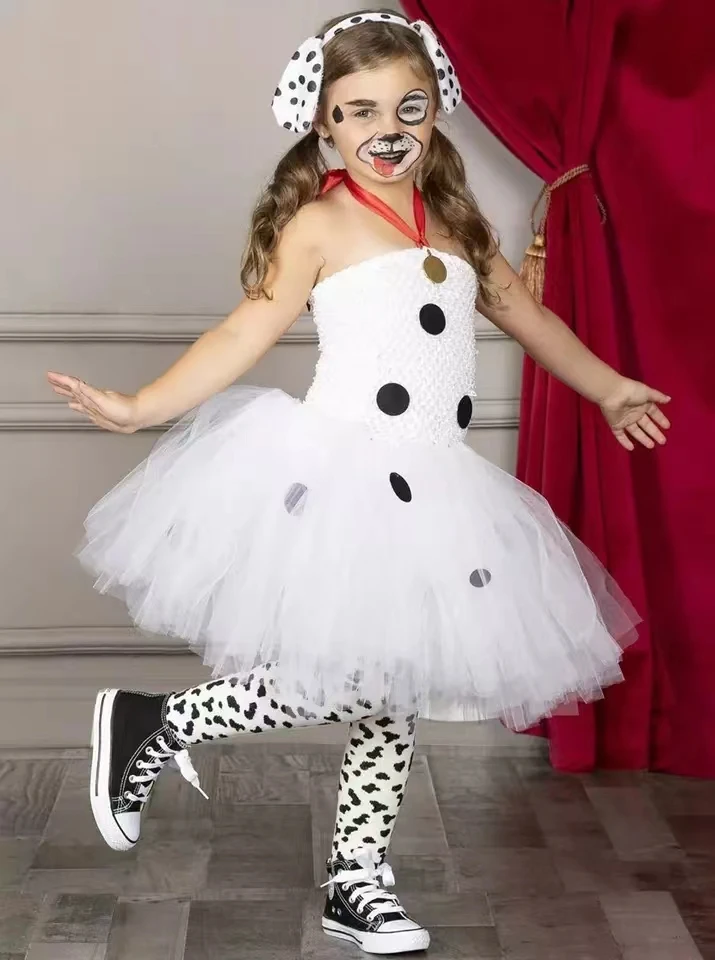 Kids Halloween Dalmatian Dog Costume Toddler Girls Polka Dot Birthday Party Fancy Dress Child Animal Dalmatian Cosplay Clothes